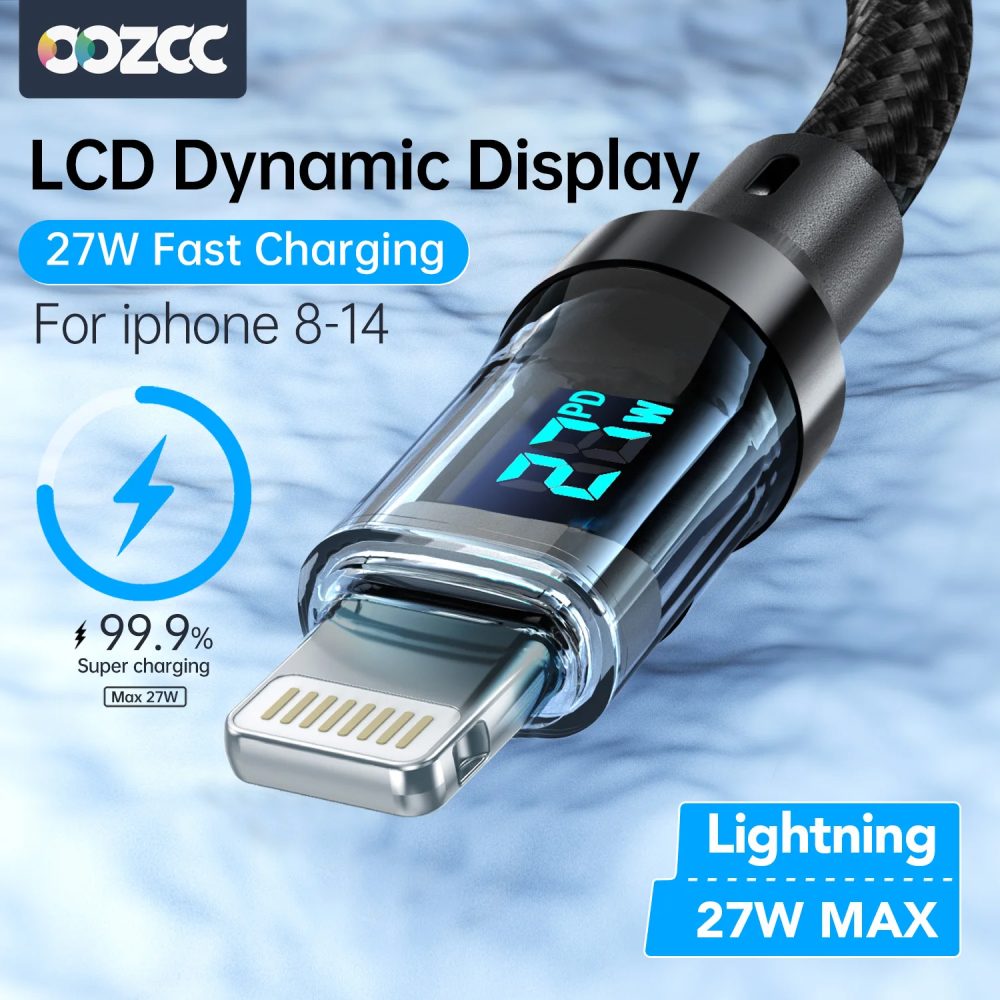 PD 27 W Schnellladekabel, LCD-Display, transparente Hülle, Datenübertragung, USB A Typ C auf Lightning-Kabel für iPhone 14 Pro Max/13/12