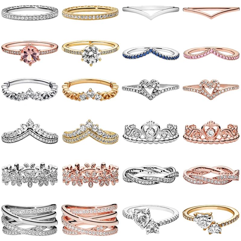 Heiß begehrter Damenring aus 925er Silber mit Krone, Zirkon und goldenem Herz, modischer DIY-Schmuck für Hochzeiten und Partys, europäisches Schmuckgeschenk.