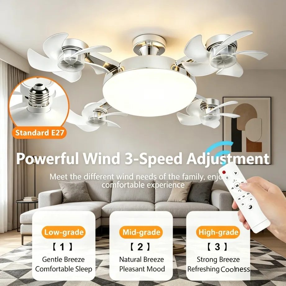 E27 3/4-Flügel 2-in-1 Ventilator-Glühbirne im Drohnen-Design, ferngesteuerte Deckenventilatorlampe, AC 85-265V, für Zuhause, Schlafzimmer, Restaurant
