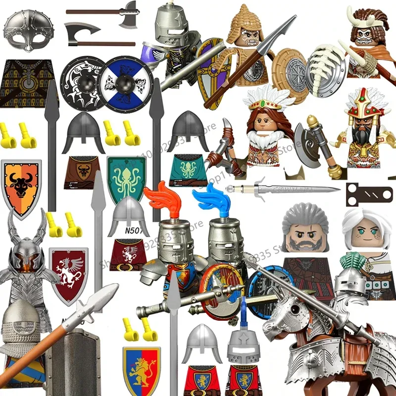 Mittelalterliche Burg-Figuren Bausteine Schwarzer Adler Roter Löwe Schwertkämpfende Ritter Wikinger-Soldaten Bauern-Militia Bausteine Kinderspielzeug