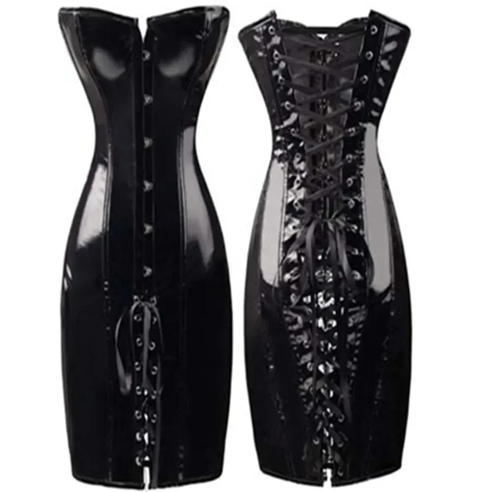 PVC Leder Korsett Kleid Sexy Frauen Gothic Punk Lange Trägerlosen Torso Bustier Körper Schlank Club Vinyl Latex Mini Kleid Plus Größe