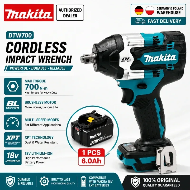 Original Makita DTW700 18V Akku-Schlagschrauber, bürstenlos, 700 Nm, professioneller Elektroschrauber, 1/2 Zoll Vierkantanschluss, variable Geschwindigkeit, Auto-Stopp-Funktion, kompatibel mit Makita