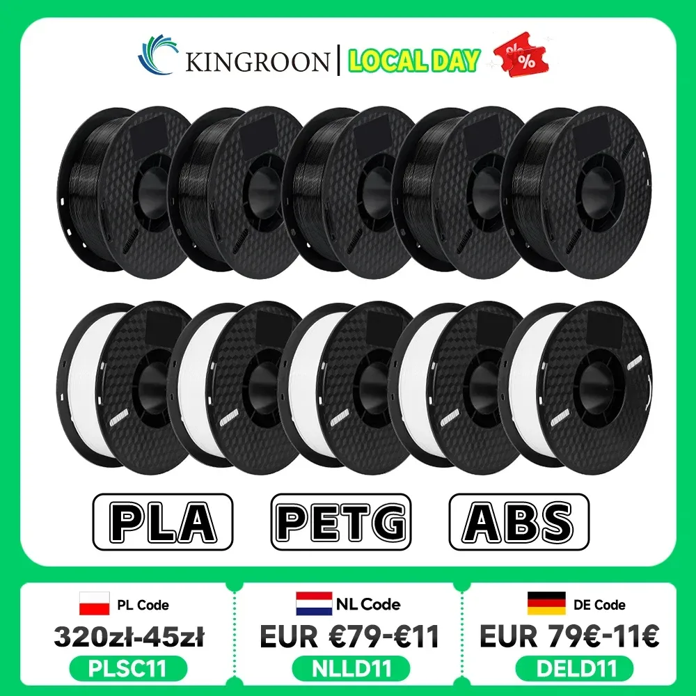 KINGROON 10 kg PLA/ABS/ PETG-Filament 1,75 mm Schwarz Weiß Grau, Großhandel 10 Rollen PLA ABS PETG Kunststoff für 3D-Drucker