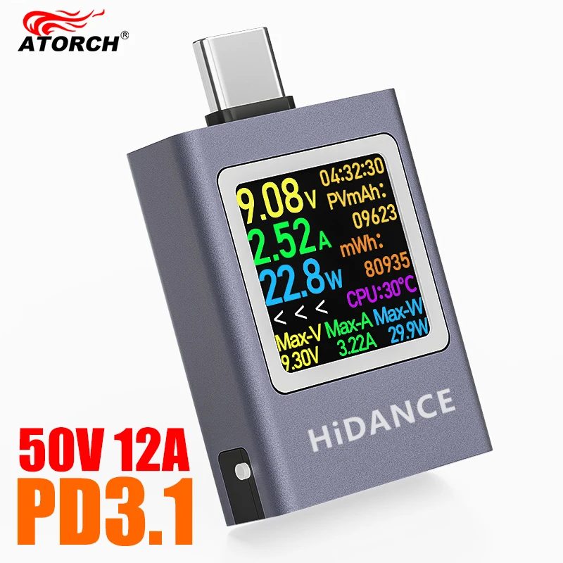 13-in-1 DC 4,5?50 V 0?12 A Multifunktions-Digitalanzeige DC-Spannung Amperemeter Leistungsmesser Typ C Handy-Aufladung PD3.1 Tester