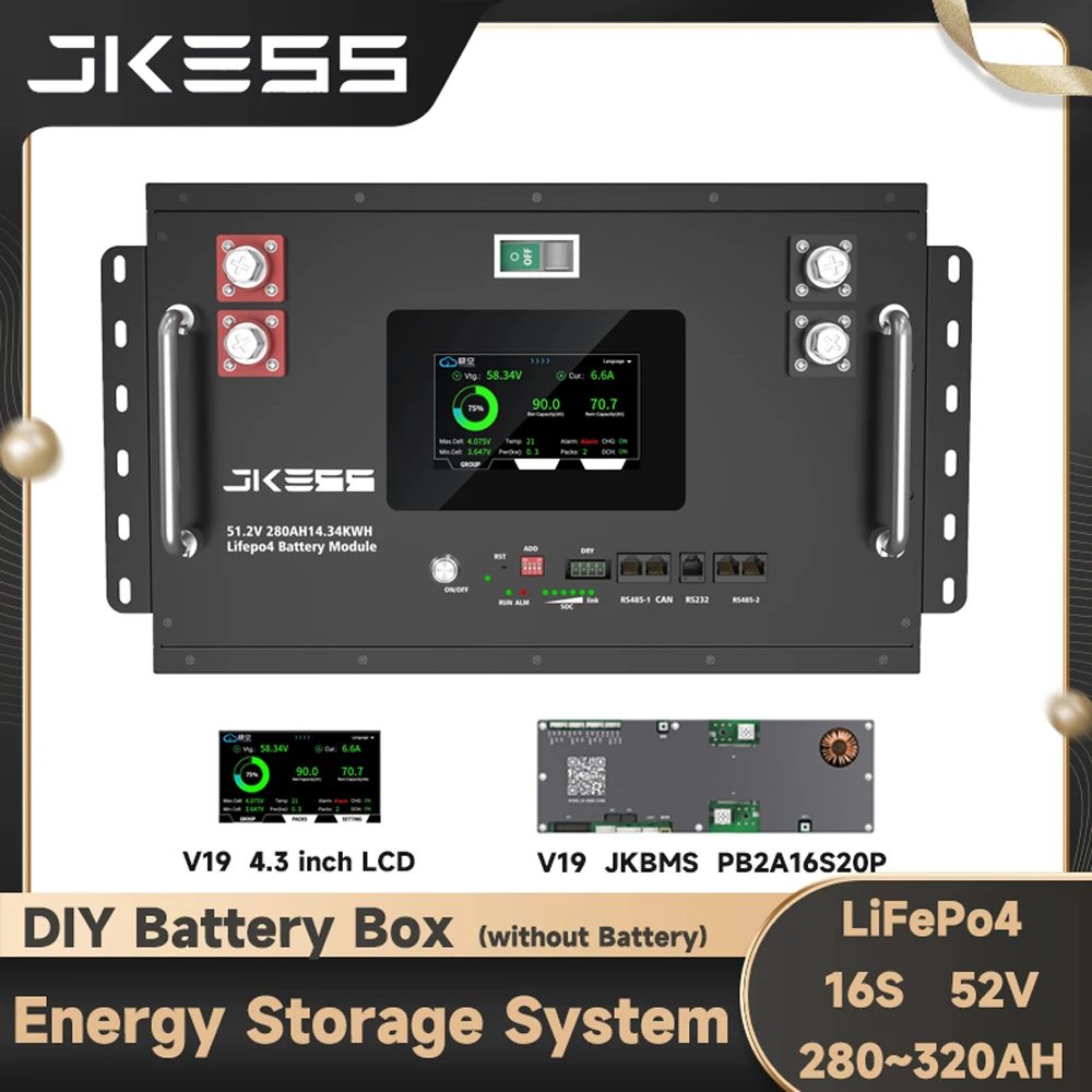 JKESS 16S 48V LiFePo4 Batterie-Kit DIY Leere Gehäusebox 51,2V 314AH 16KWH Energiespeichersystem JKBMS mit RS485 RS232 CAN LCD