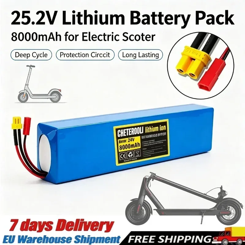 25,2 V 7S2P 8000 mAh 18650 wiederaufladbarer Lithium-Ionen-Ersatzakku, zuverlässige, stabile Spannungsausgabe mit verlängerter Lebensdauer, Komponenten, geeignet für 29,4 V Elektroroller, praktisches