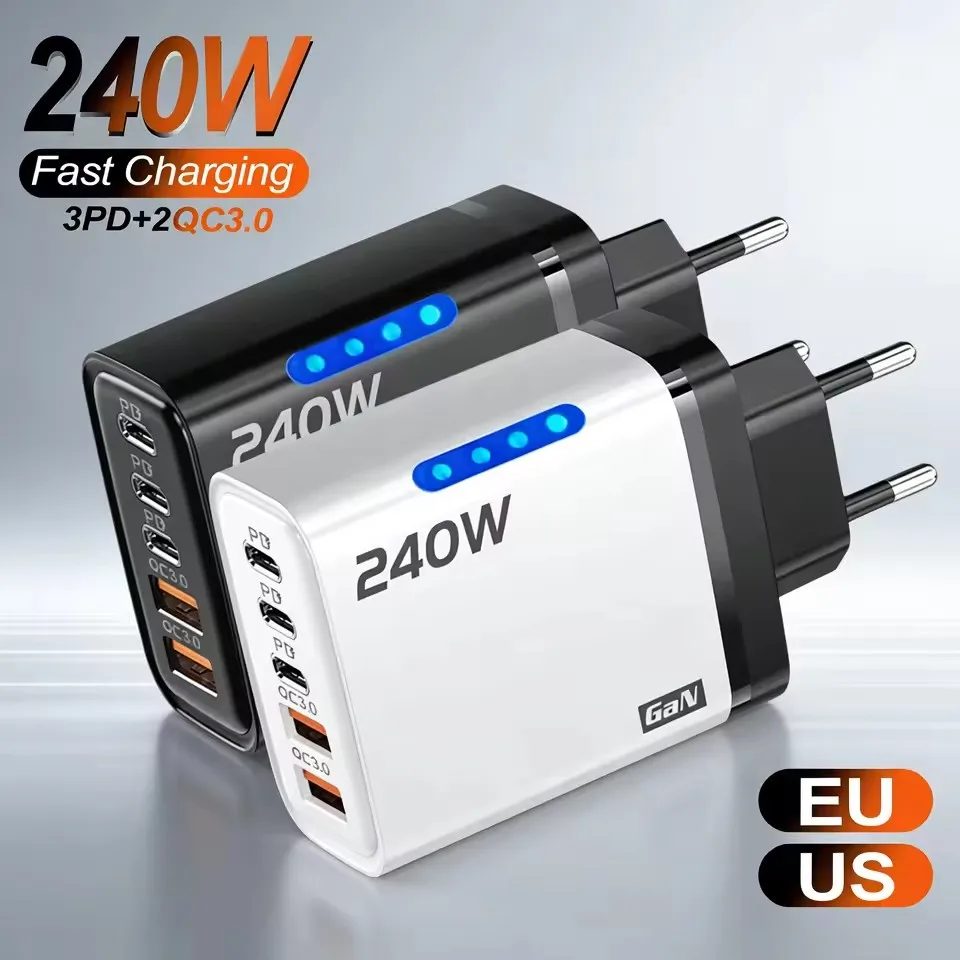 5-in-1 GaN Desktop-Ladegerät für iPhone 17 16Pro Laptop Samsung 240W Schnellladungsadapter 10A USB auf Typ-C Kabel 3PD 2USB Ladegerät