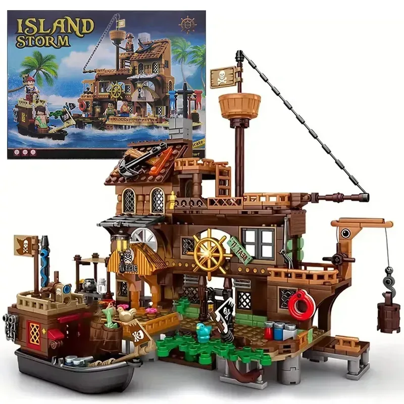 Kreative Mittelalterliche Pirateninsel Festung Schloss Bausteine Abenteuer-Schiff Blockhaus Modell Boot Zusammenbau-Bausteine Spielzeug Geschenke