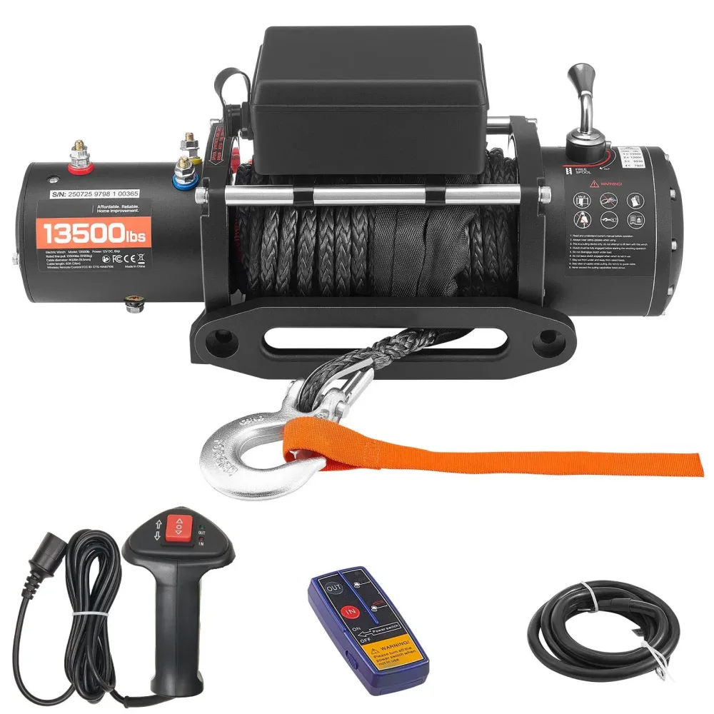 SucceBuy 13500 lbs elektrische Winde 12 V synthetische Seil-Autowinde mit kabelgebundener kabelloser Steuerung zum Abschleppen von SUV-Offroad-Jeep-Anhängern