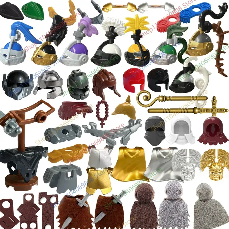 MOC Mittelalterlicher Ritter Figur Bausteine Zubehör Helm Maske Rüstung Jäger Umhänge Scheide Speer Mini-Bausteine Spielzeug Geschenke N24