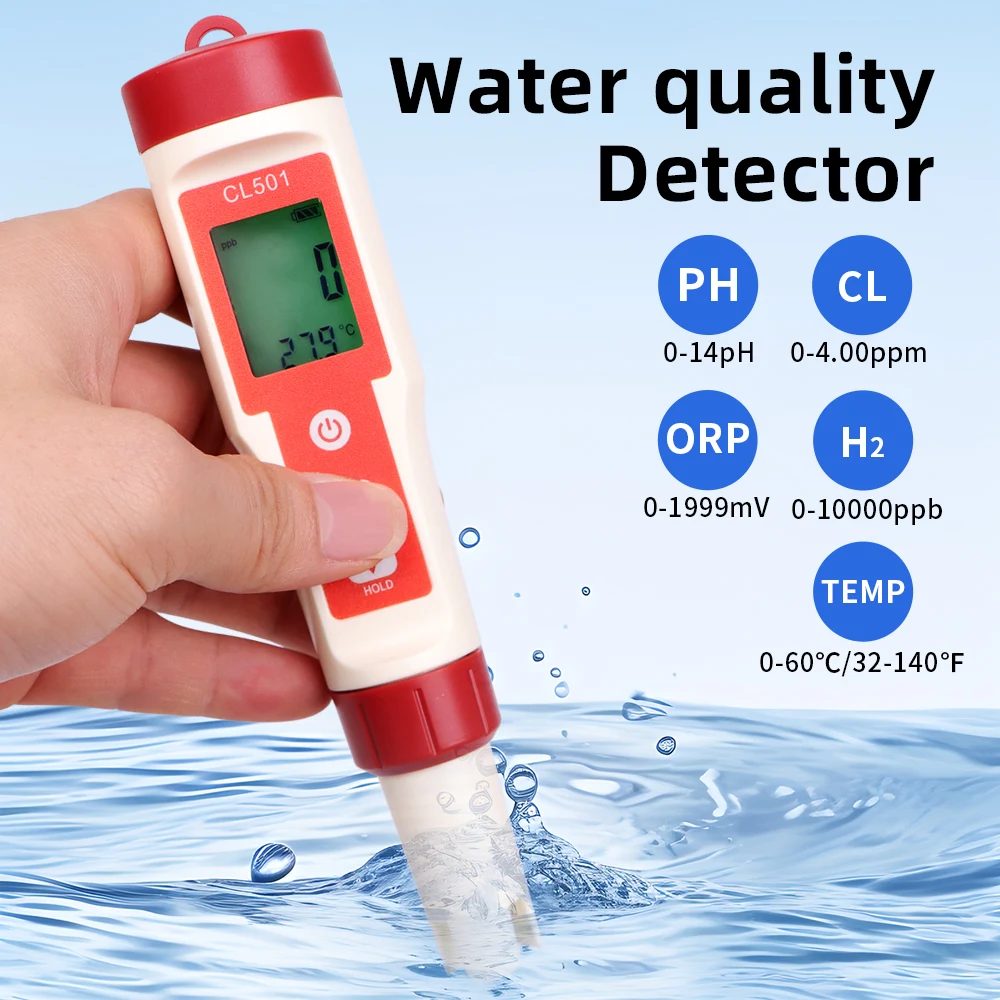 5-in-1-Chlormessgerät PH-Messgerät ORP H2 Temp Cl2 Detektor Wasserqualitätsmonitor Testwerkzeug Filter für Schwimmbad SPA Wasser