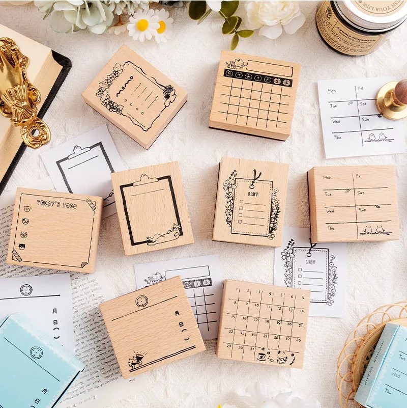 Leichter Retro-Kalenderstempel aus Holz, Superman-Katze, monatlicher Wochenkalender, DIY-Druckstempel aus dekorativem Material, verschiedene Stempel