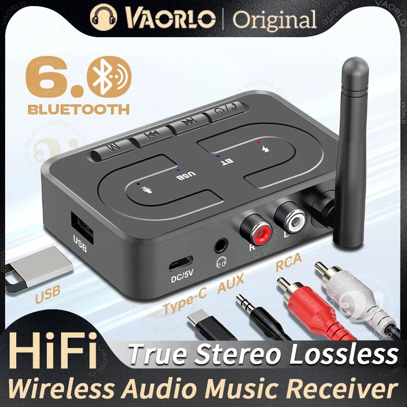 Bluetooth 6.0 Audio-Empfänger USB U-Disk Musik-Wireless-Adapter mit HD-Mikrofonantenne 3,5mm AUX RCA HIFI Stereo für Auto-Lautsprecher und Verstärker
