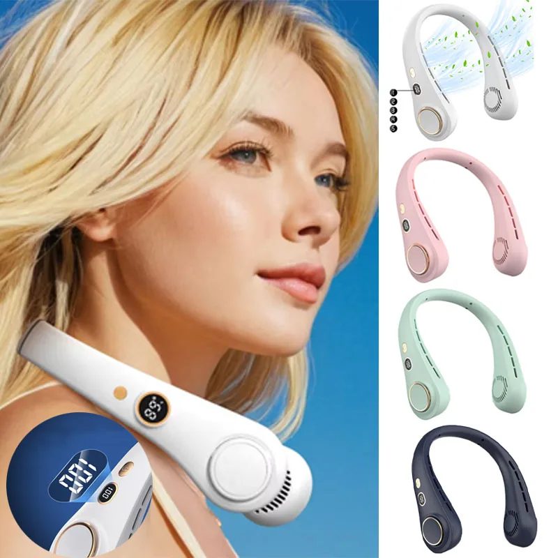 USB-Halsventilator, tragbar, blattlos, wiederaufladbar, geräuscharm, mit LED-Digitalanzeige, elektrischer Luftkühler, Handventilator