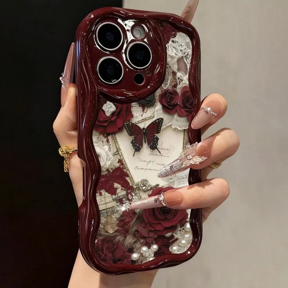 Schmetterling-Bedruckte Flache Handyhülle in Weinrot mit Cremetextur für iPhone 18 17 16 15 14 13 12 11 Pro Max Plus 17e