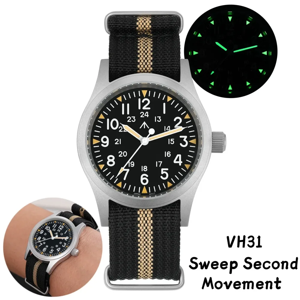 Militado ML05 Vintage-Uhr VH31 Sweep, zweites Uhrwerk, gewölbtes Saphirglas mit hochklarer AR-Beschichtung, leuchtende 38-mm-Uhren