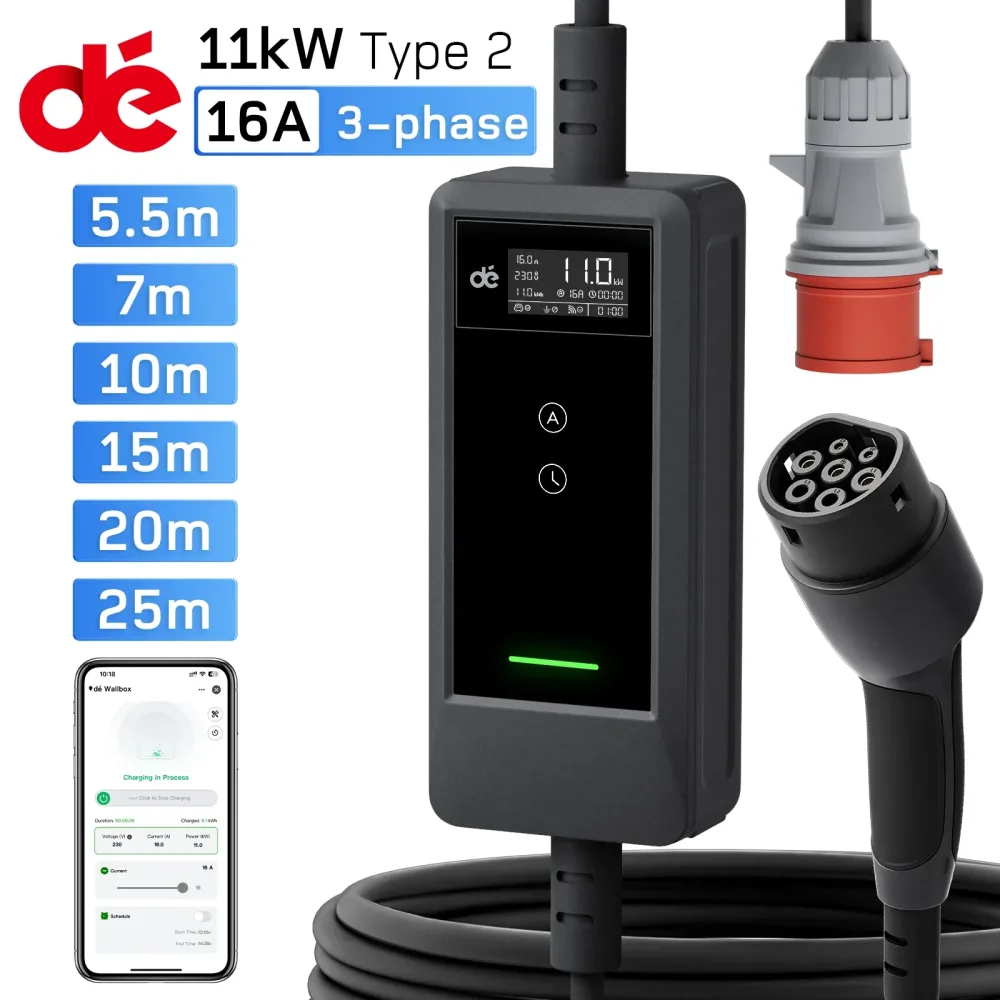 dé EV-Ladegerät Typ 2 11kW mit App 16A 3-Phasen 5,5m 7m 10m 15m 20m 25m Ladekabel Elektrofahrzeug-Ladegerät CEE-Stecker auf Typ 2 mit Einstellbarem Strom Tragbare Ladestation