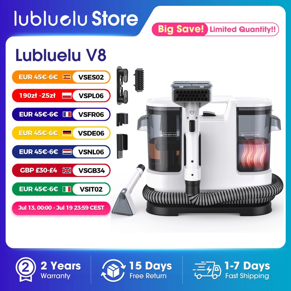 Lubluelu V8 800 W Heißwasser-Teppichreiniger 60 ° C Deep Clean Pet Stains 15 kPa starke Saugkraft 5 m langes Netzkabel 1,75 l Tank