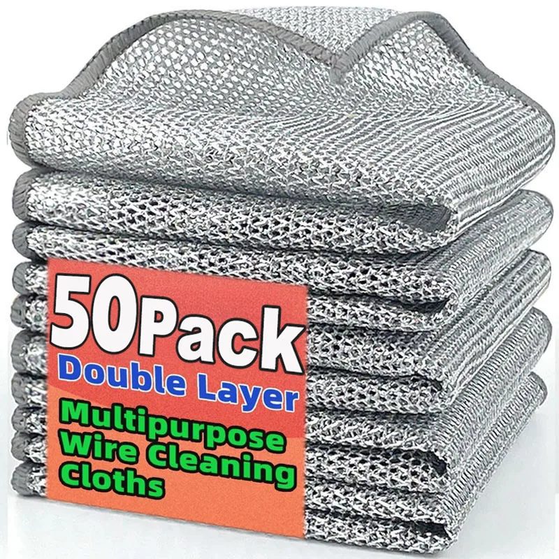 1/50 stücke Magie Geschirrtuch Silber Draht Reinigung Küche Tuch Verdickt Mikrofaser Waschen Handtuch Eingebaute Schwamm Stahl Draht Ball Lappen