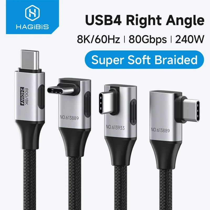 Hagibis USB-C zu USB-C Rechtwinkliges Kabel 240W 90 Grad Typ-C Auto-Schnellladekabel 80Gbps für Thunderbolt 5 iPhone Macbook