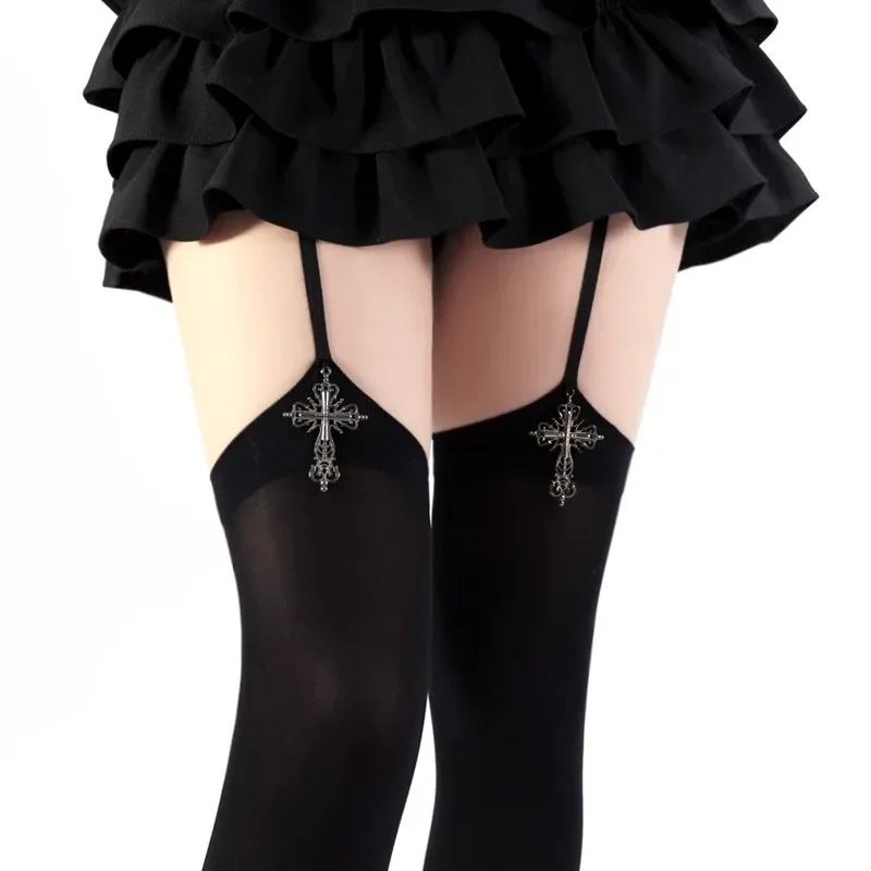 Persönlichkeit Kreuz Dekoration Frauen Hosenträger Socken Einfarbig Dünne Oberschenkel Hohe Lolita Anime Cosplay Gothic Über Knie Strümpfe
