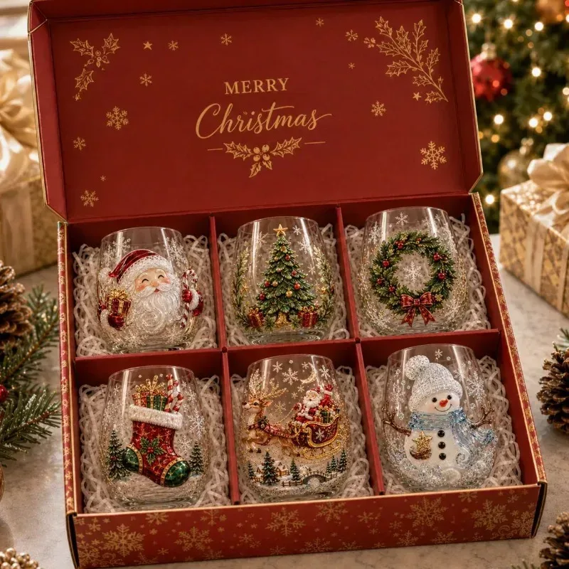 3D-Weihnachts-Glasbecher, Luxuriöses Kunstglas-Geschenkset, 6 Stück, Stiellose Weingläser für Kaffee, Tee, Saft, Milch