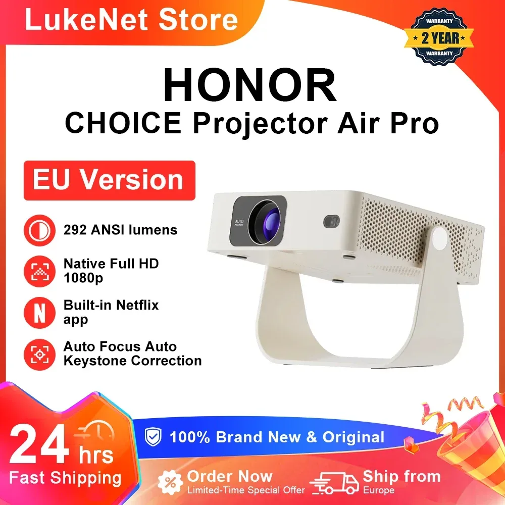 HONOR CHOICE Projektor Air Pro Tragbarer Projektor mit integriertem Netflix, 292 ANSI Lumen, nativer 1080P FHD, Autofokus & automatische Trapezkorrektur, Wi-Fi 6, 180° °   Drehbare Halterung 0,55 kg