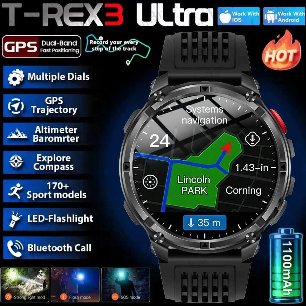 2026 neue T-Rex3 Pro 1100 mAh Batterie Smart Uhr GPS Path 5ATM Wasserdichte Sport Run Tracker Im Freien Kompass militärische Smartwatch