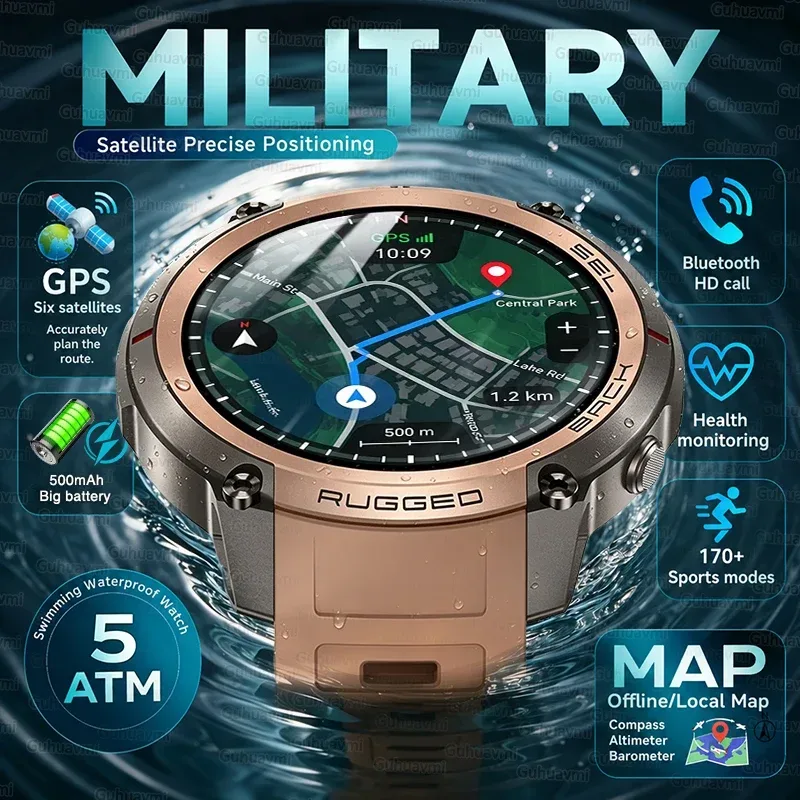 2026 Militärische Satelliten-Offline-Karten-GPS-Smartwatch für Herren 1,43'' AMOLED Bluetooth-Anruf Kompass 5ATM Wasserdicht 170+ Sportarten Smartwatch