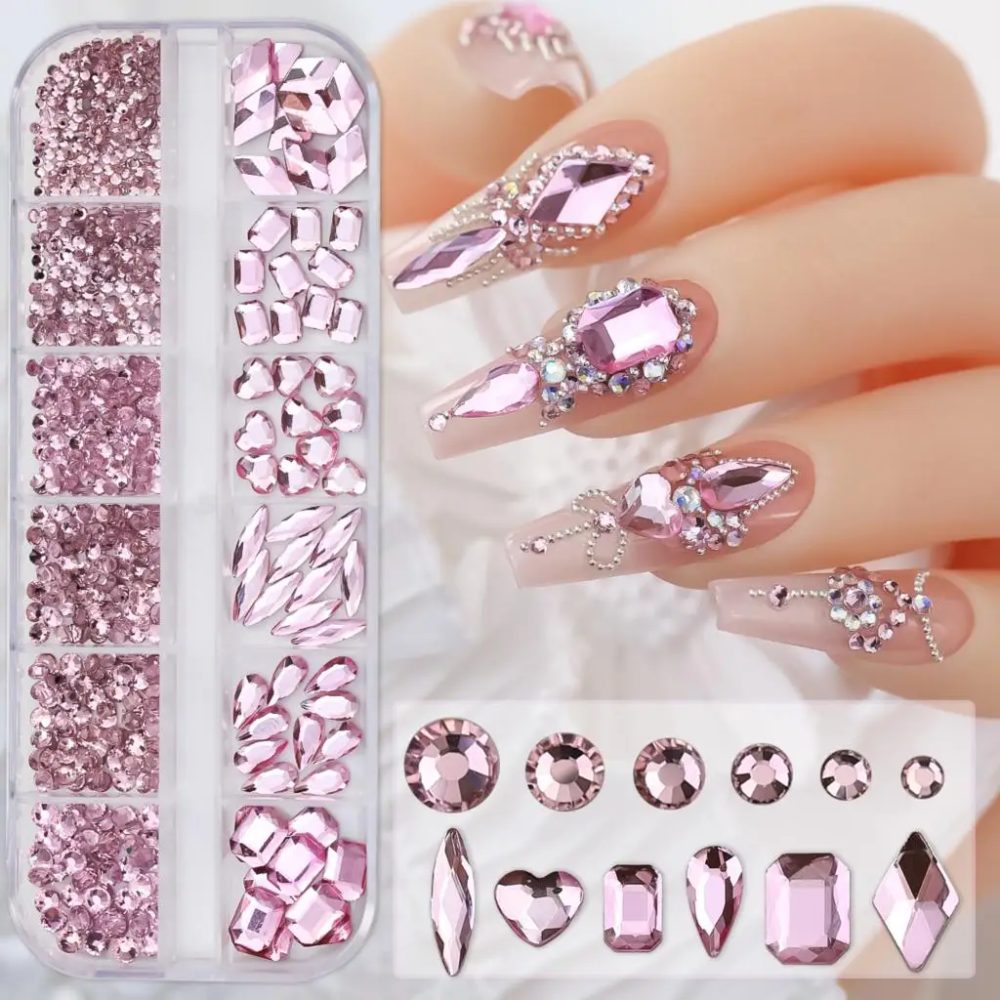 12Grids Rosa Gemischte Nagel Strass Luxus Nagel Charms Glitter Kristall Schmuck Edelsteine Nail art Dekoration DIY Maniküre Strass