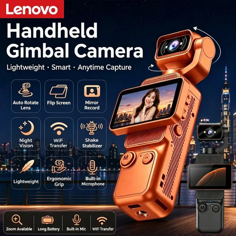 Lenovo 4K Handheld-Gimbal-Kamera mit WLAN-Übertragung, Bildstabilisierung und HD-Drehbildschirm für Reisen und Outdoor-Vlogging