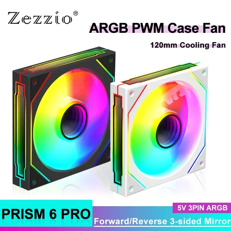 Zezzio PRISM 6 PRO Gehäuselüfter, 5 V, 3-poliger ARGB-Gehäuselüfter, 3-seitiger Infinity-Spiegel, leiser PWM-CPU-Lüfter mit großem Luftvolumen