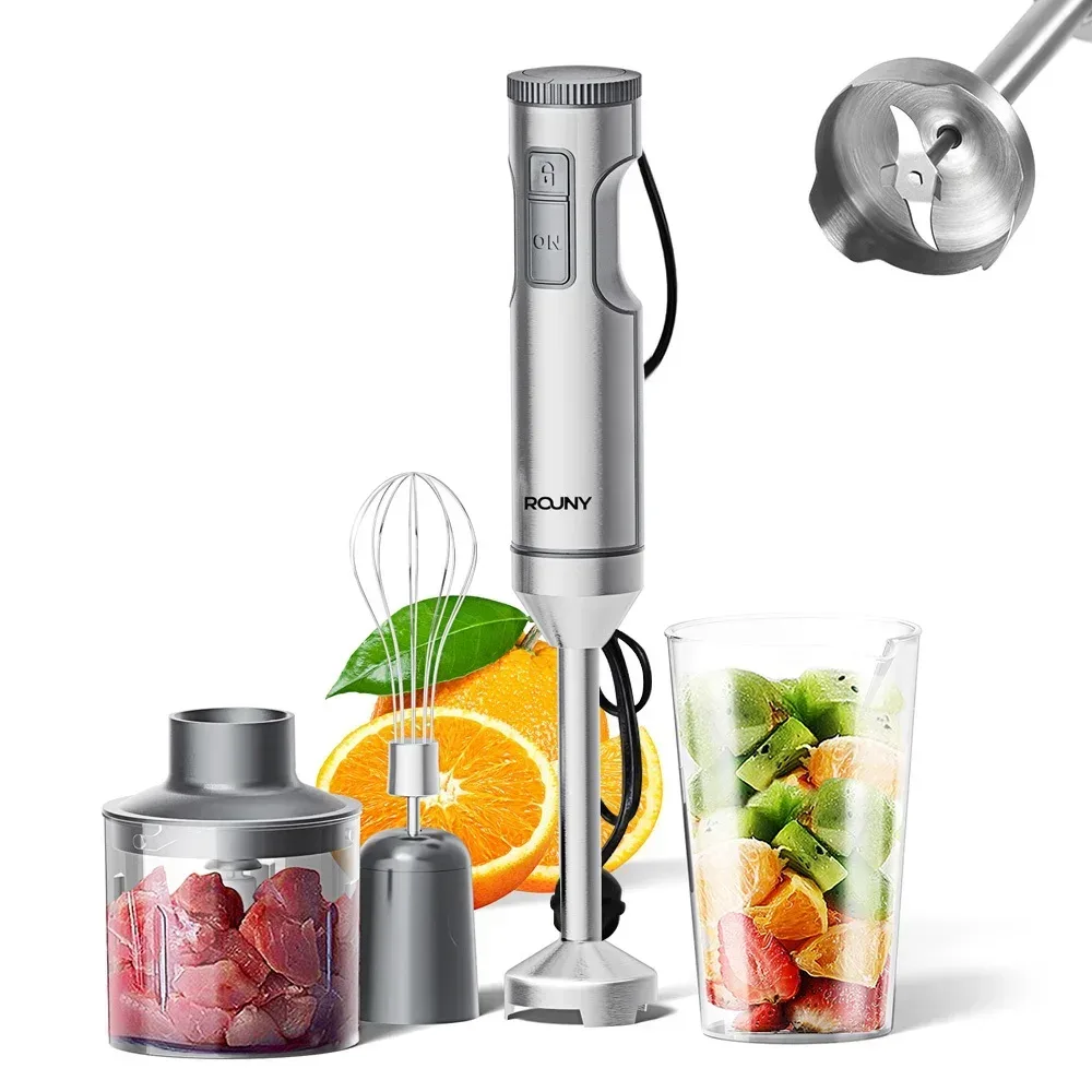 Handstabmixer, leistungsstark, 4-in-1, Stabmixer aus Edelstahl, 700 ml Rührbecher, 500 ml Prozessor, Schneebesen