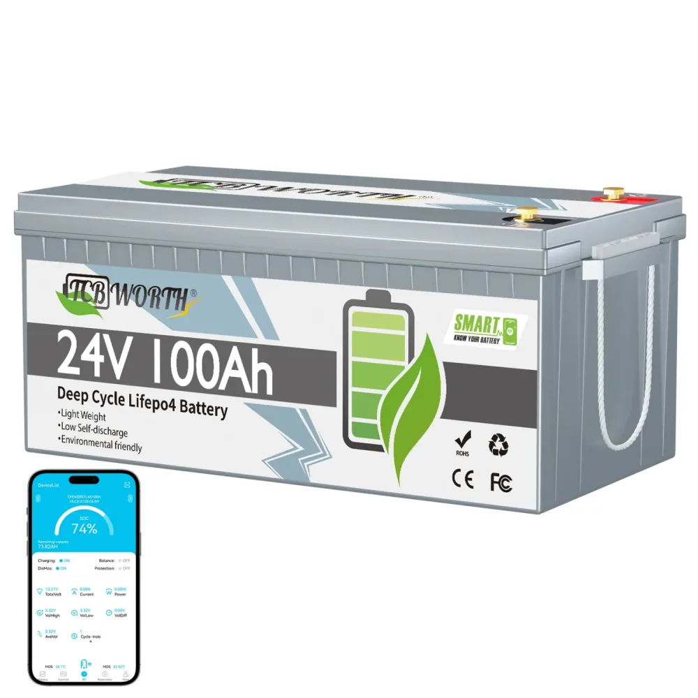 TCBWORTH 24V 100AH Bluetooth Lifepo4 Batterie Eingebautes 100A BMS, 7000+ Zyklus, für Trolling-Motoren, Marine, Solarsystem-Heimspeicherung