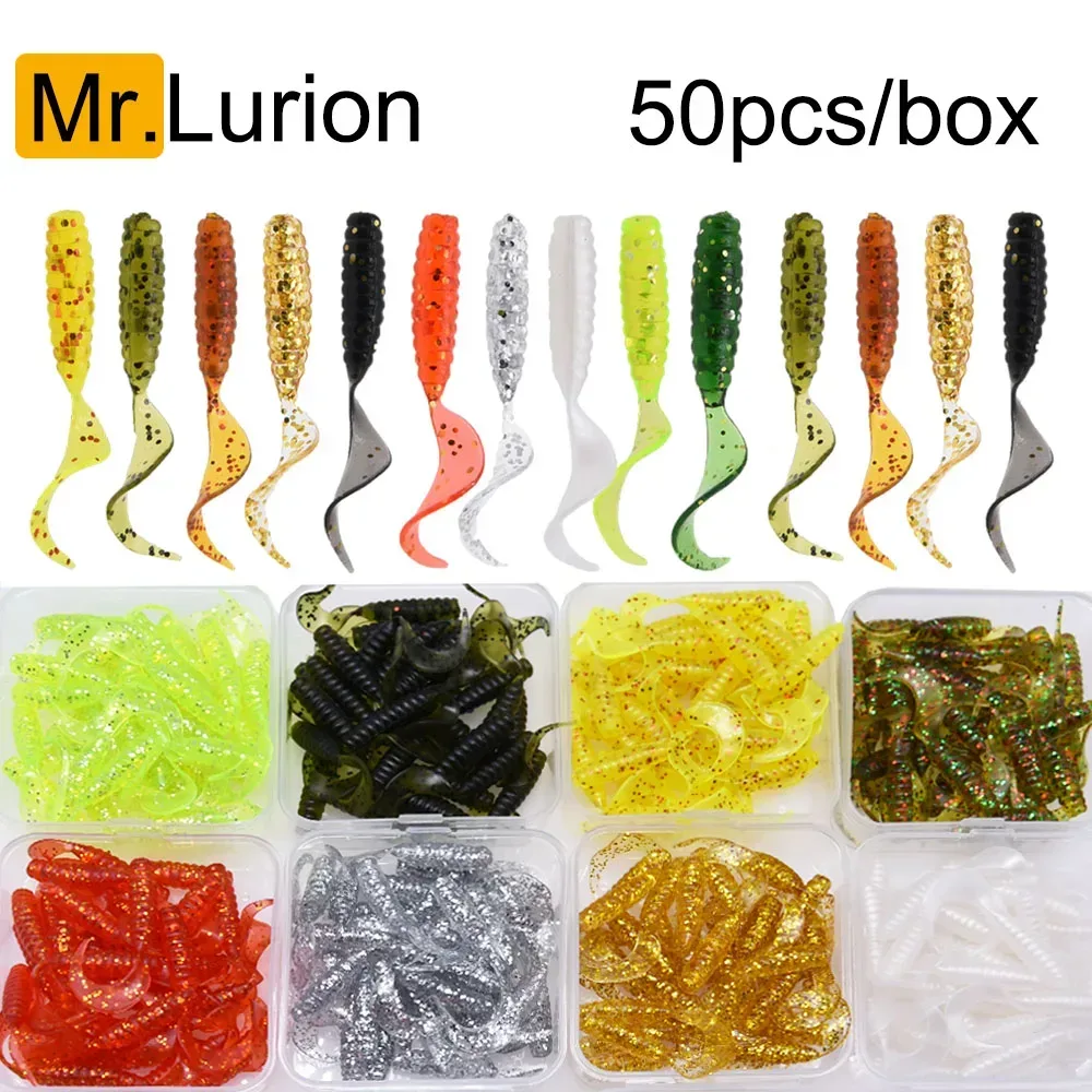 Mrlurion 4 cm weicher künstlicher Wurmköder, 50 Stück/Karton, farbiger Barschköder für Angelgeräte, Pesca, Isca, Softbaits