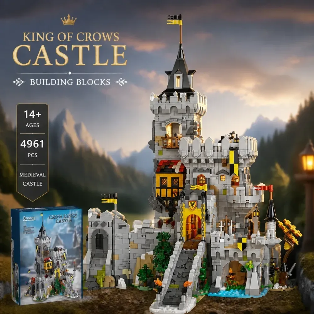 Barweer 4961PCS Klemmbausteine Crow King Castle Block Set 3867PCS Mittelalterliche europäische Stadt Festung Modular Modell Kit Dunkle Fantasie Street View Architektur Block Set Erwachsene Sammlung
