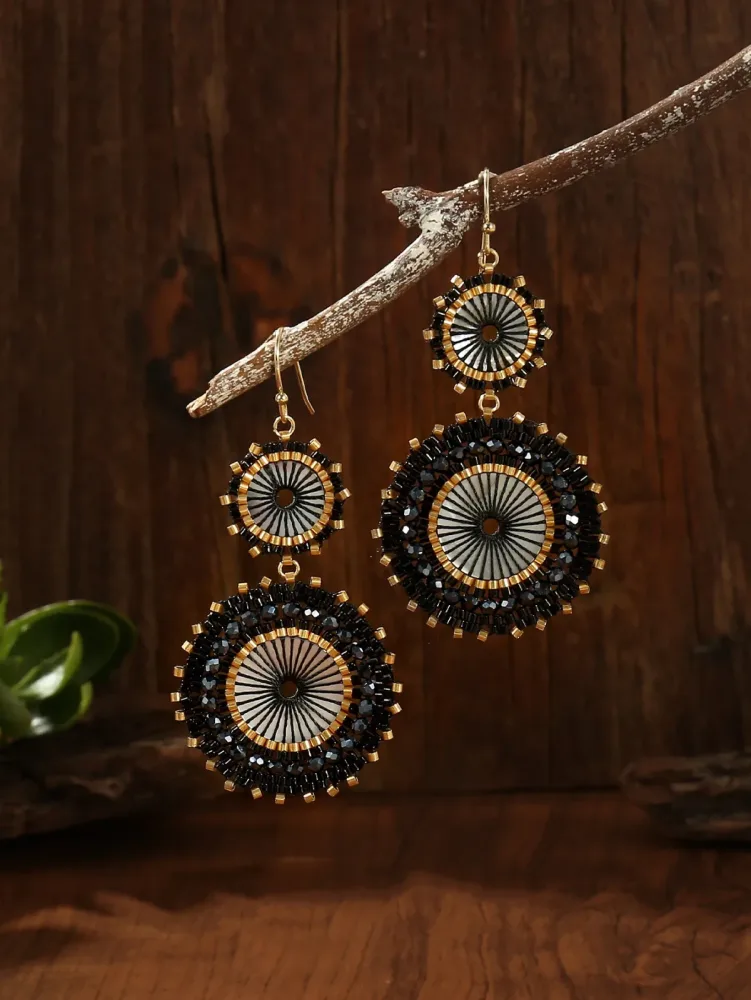 Böhmische handgefertigte Perlenohrringe, Geschenke für Frauen, Sommerurlaub, gehäkelte Saatperlen, doppelte runde Tropfenohrringe, Boho-Schmuck