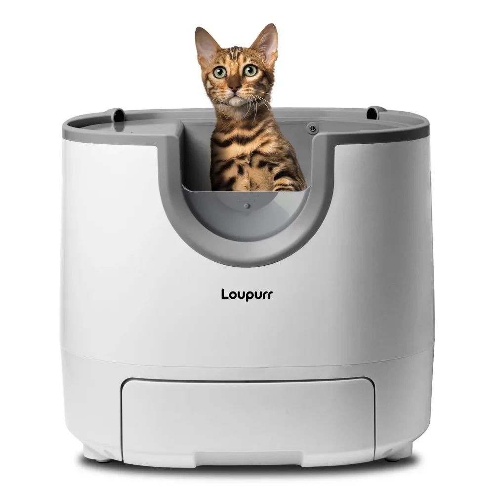 L1 Automatische Katzentoilette mit offenem Design, Selbstreinigend, Einfache Pflege mit Mehrfach-Sicherheitssensoren, Große Kapazität, Inklusive Abfalleimer