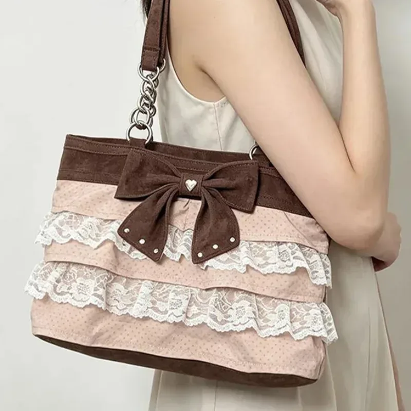 Koreanische Retro-Schichttasche mit Schleife, Spitzenbesatz und Farbblock-Design, elegante Handtasche mit plissiertem Saum, mattierte Tragetasche