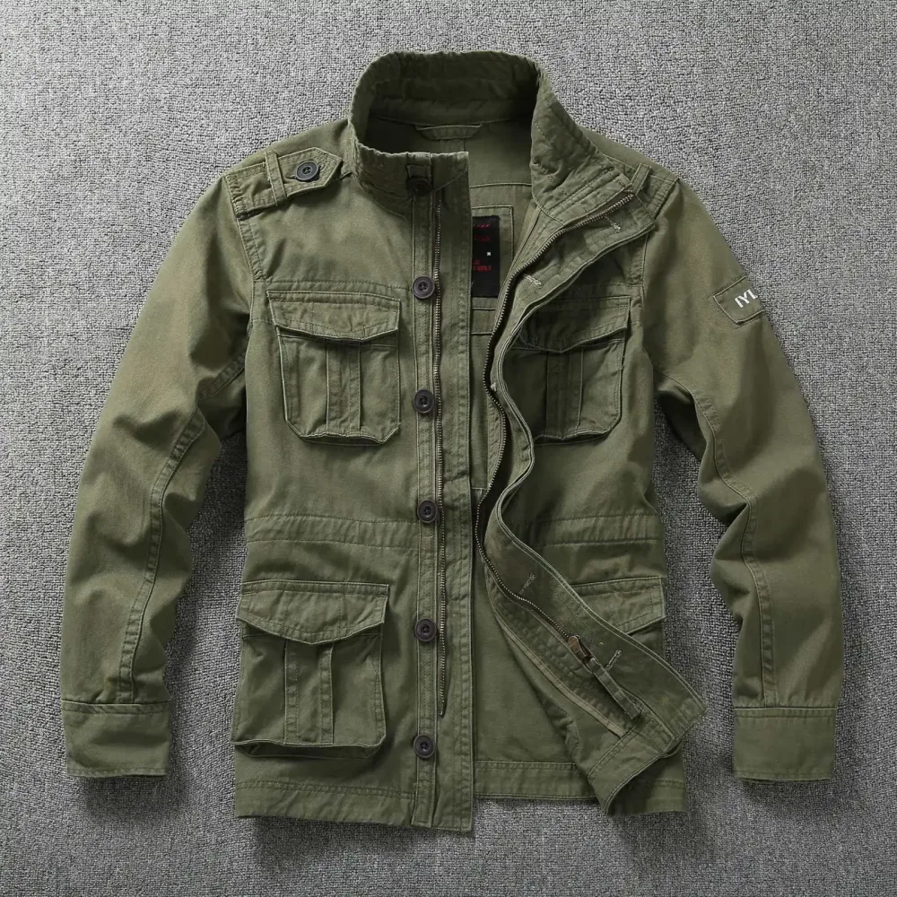 Herbstliche Herren-Militär-Cargojacken mit mehreren Taschen, schwere Baumwolle, Outdoor-Stehkragen, lässige Arbeitskleidung für Herren