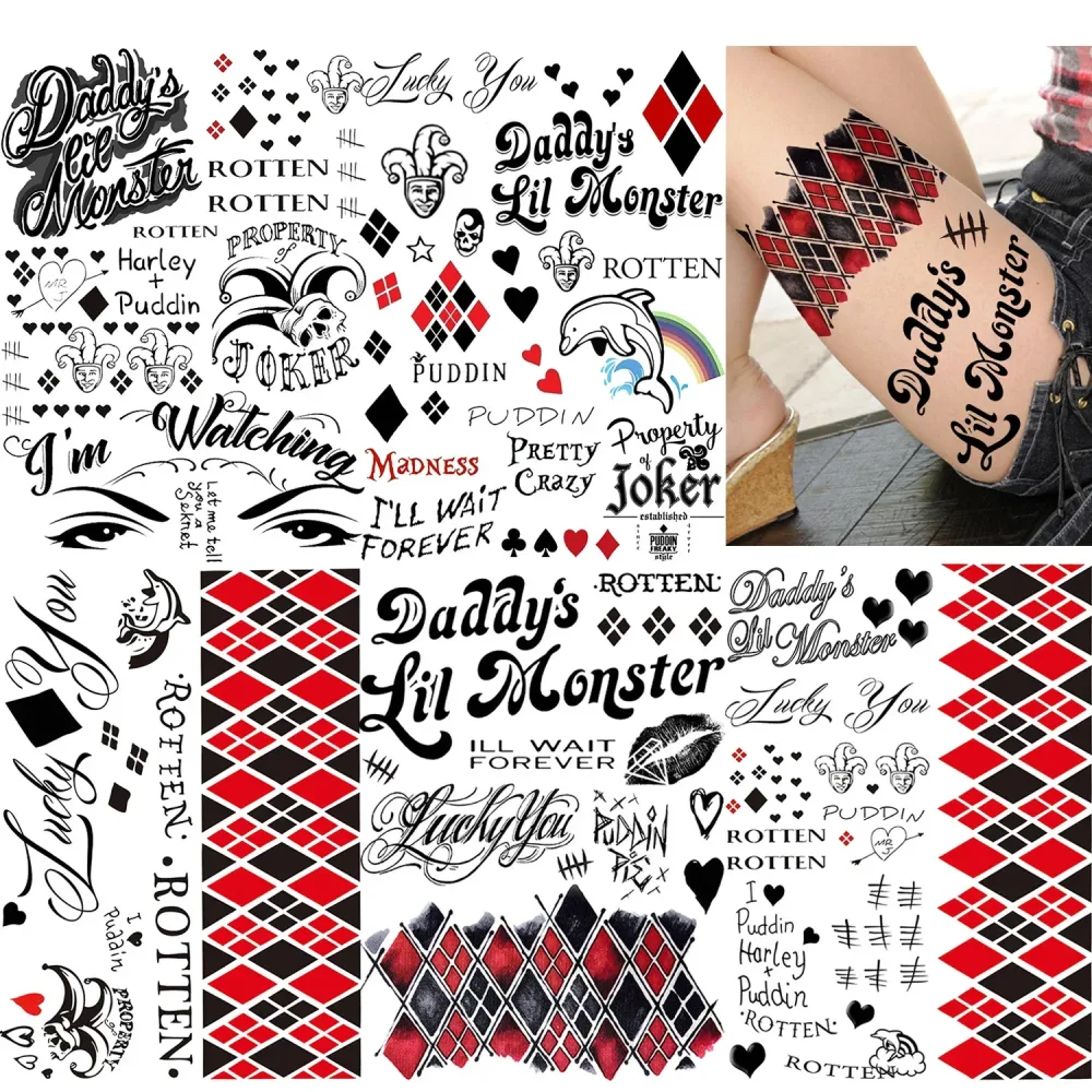 5 Blatt Joker-Tattoos, Harley Crazy Clown Joker, temporäre Tattoos für Männer und Frauen, Halloween-Kostüm