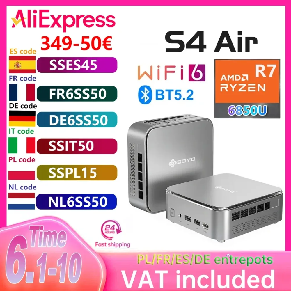 SOYO S4 Air Mini-PC AMD R7-6850U 8C/16T NUCBOX 16G DDR5 4800MHz 512GB NVME3.0SSD Windows 11 Pro AMD Radeon ?   680M Desktop-Computer