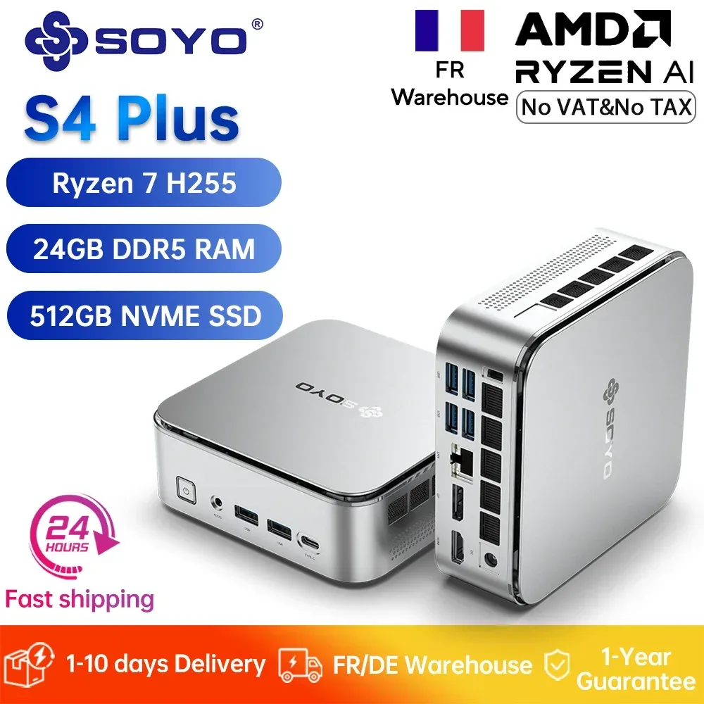 SOYO S4 Plus Gaming Mini-PC AMD Ryzen 7 H255 24GB LPDDR5 RAM 512GB PCIE3.0 SSD Desktop-Computer Dual 4K 120Hz Display WiFi6/BT5.2