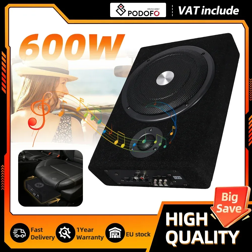 Podofo 8 Zoll 600W Schlanker Unter-Sitz Auto-Subwoofer Aktiver Bass-Audio-Stereo-Verstärker Lautsprecher für Auto-Audiosystem