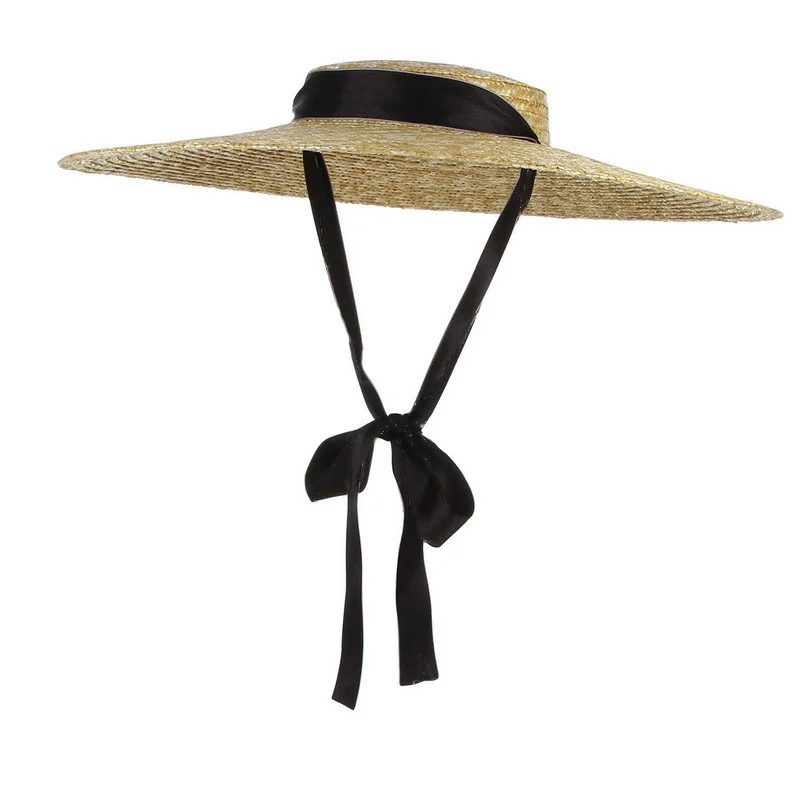 Sommer Große Natürliche Stroh Hüte Für Frauen Handmand Breite Krempe Strand Visier Caps Elegante Flache Top Lange Band Spitze-up Sonnenschutz Hut
