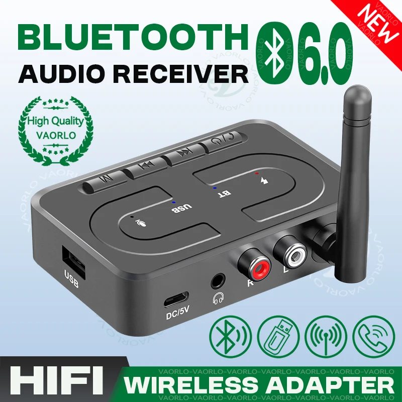 VAORLO Bluetooth 6.0 Audio-Empfänger mit 3,5-mm-AUX-, R/L-, RCA- und HD-Mikrofonanschlüssen, HiFi-Stereo-Funkadapter, Antenne, USB- und U-Disk-Wiedergabe für Autolautsprecher, Verstärker und