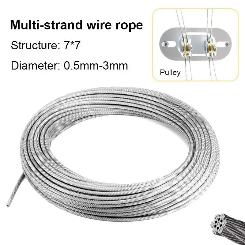 Edelstahldraht mit 0,5-3mm Durchmesser, 10m/5m Seil mit 7x7 Struktur, Weiches Angel- und Hebekabel, Zugseil, Wäscheständer-Drahtseil