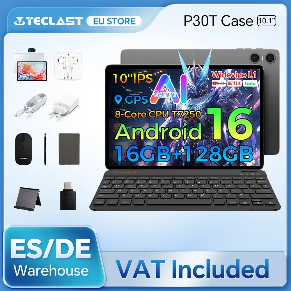 Teclast P30T Hülle 10,1 Zoll Tablet Ai Gemini Android 16 16 GB (3 GB + 13 GB Erweiterung) RAM 128 GB ROM T7250 8-Core All-in-One Tastatur/Hülle/Maus/Stylus/Kopfhörer/Tablet-Ständer