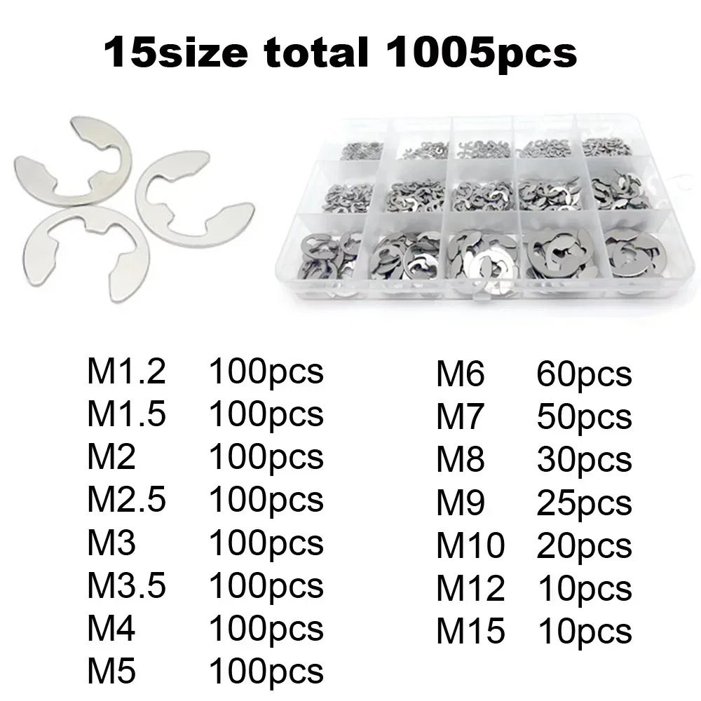 585/1005 Stück E-Clip Snap Sicherungsring Unterlegscheibe Sortiment Kit Box M1.2-M15 Schwarz 65 Mn 304 Edelstahl Außensicherungsringsatz