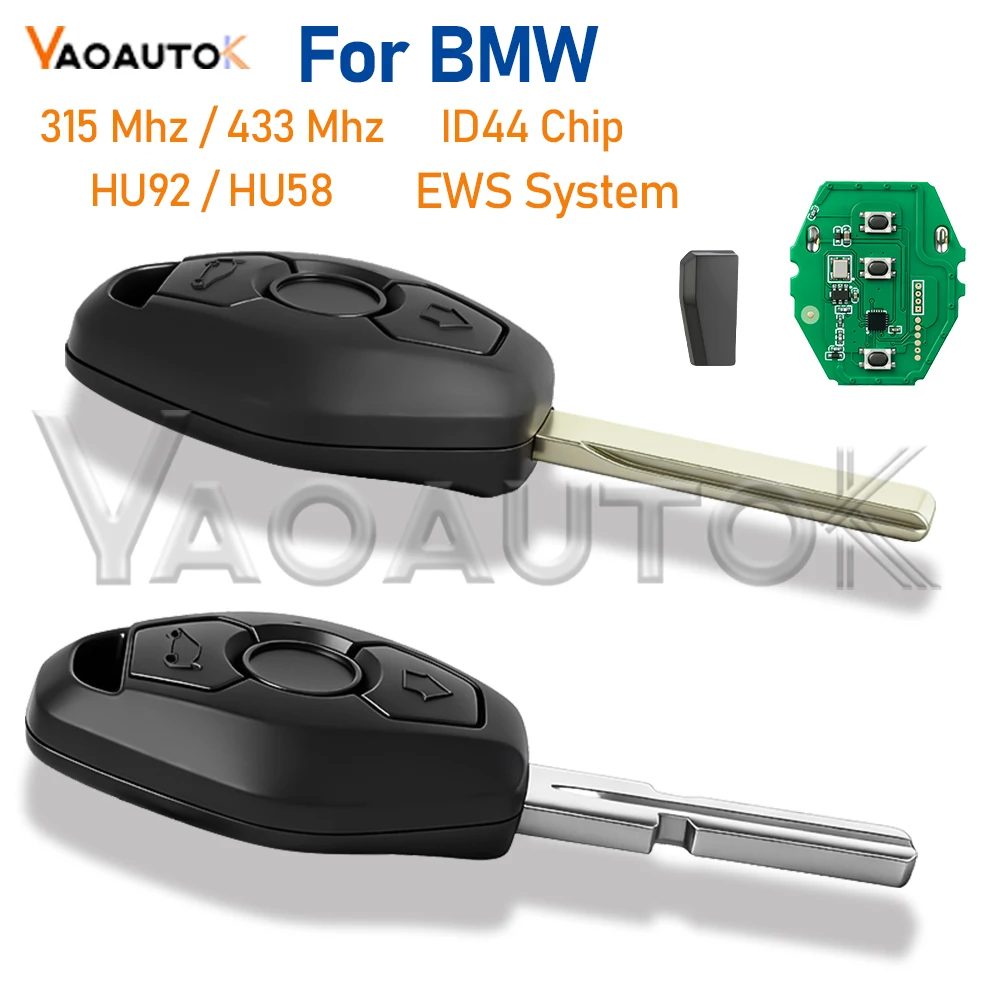 EWS System 3-Tasten-Fernbedienungsschlüssel für BMW 330 325 525 E38 E39 E46 X3 X5 Z3 Z4 1/3/5/7 Serie ID44 Chip 315/433MHz HU58 HU92